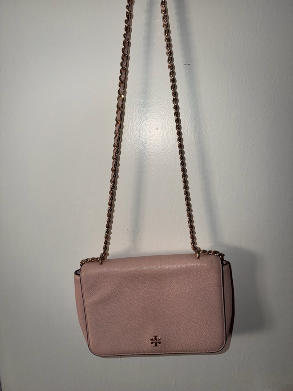 Tory Burch Rose Pink Pebbled Leather Crossbody with Gold Chain
